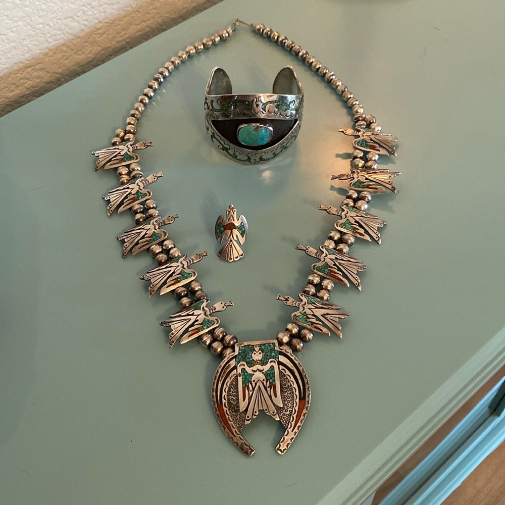 Silver Handmade Vintage Squash Blossom Necklace, Bracelet, Ring - Picture 3 of 16